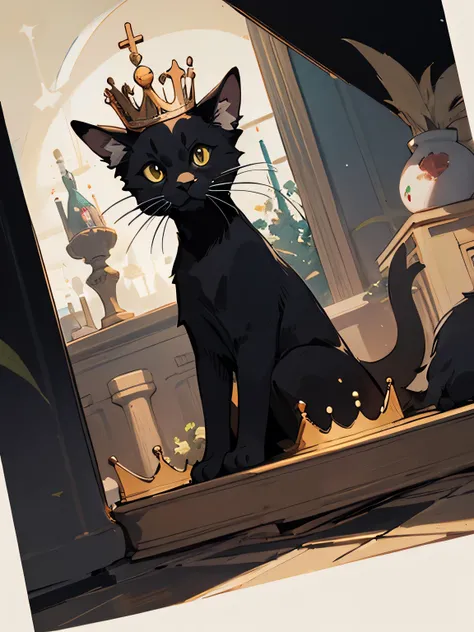 dutch angle,Blackcat(animal) with crown,(illustration),