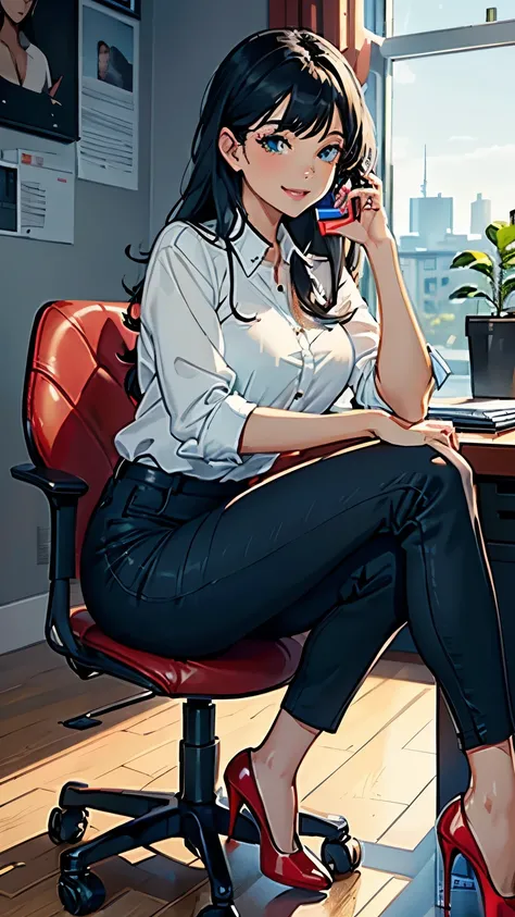 ((masterpiece, high resolution, better quality, better details)), ((Smiling)), ((one girl)) a girl speaking on the phone at a desk, full body, wearing a button-up blouse and wide-leg trousers, ((Louboutin high heels)), green eyes, ((black hair, long hair))...