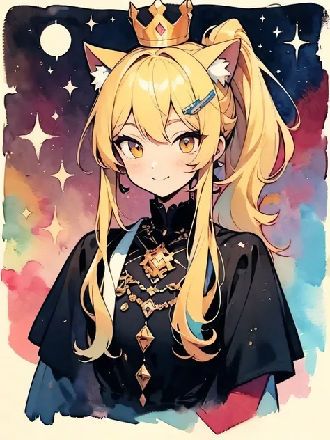 solo,upperbody,black long ponytail,long sideburn,cat ear,crown on head,black queen dress,golden eyes,like a painting, watercolor painting style,smile, The Art of Mathematics, Official Art, Masterpiece, beautiful, ((watercolor)), paint splashes , complex de...