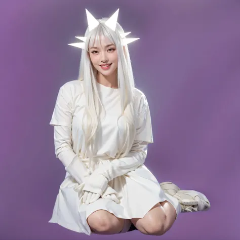 Beautiful girl sitting on the floor, wearing a flowing white dress, long snow-white hair, and elegant white horns on her head. She has delicate white gloves, a serene smile, and a gentle pose. The background is a soft gradient, emphasizing her ethereal and...