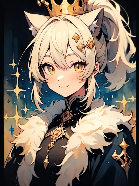 solo,upperbody,black long ponytail,long sideburn,cat ear,crown on head,black queen dress,golden eyes,like a painting, watercolor painting style,smile, The Art of Mathematics, Official Art, Masterpiece, beautiful, ((watercolor)), paint splashes , complex de...