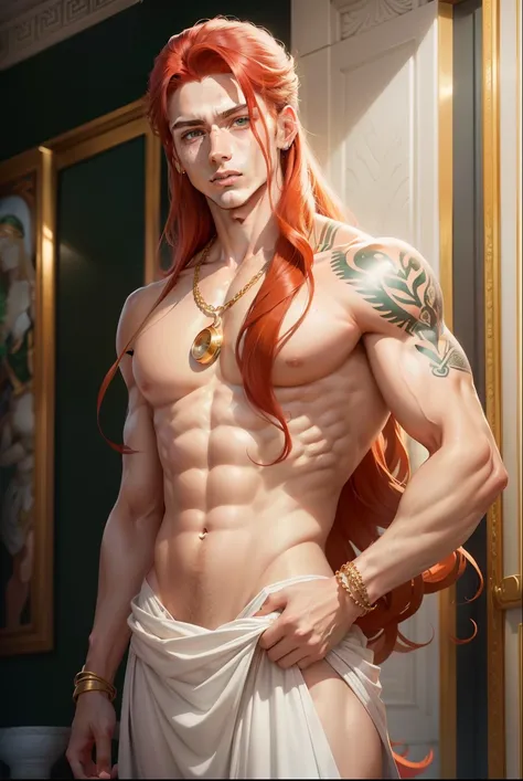 A young man with long red hair freckles green eyes freckles athletic body wearing white Greek dress gold chain heart bracelet tattoo of the goddess Aphrodite on his left shoulder he is inside a large shell comic book Manhwa