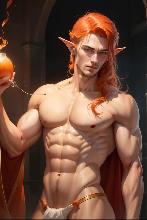 
( Hyper-realistic digital illustration ), ( perfect face: 1.1), (high level of detail: 1.1) As Renaissance art,  an extremely handsome male elf using micro orange floss,  long red wizard robes , Shaved,  front view,  lying on my back ,  holding raised leg...