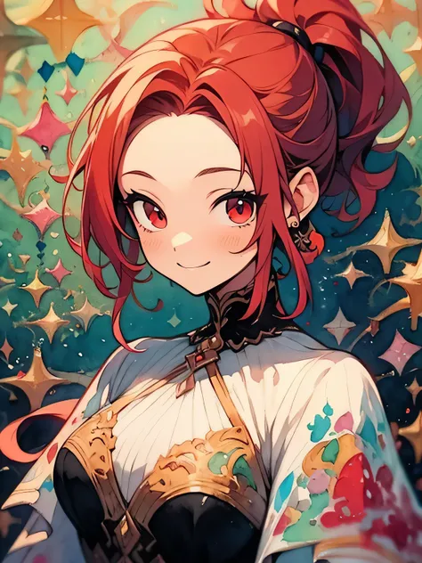 solo,upperbody,(black ponytail),big forehead,red eyes,smile,red queen dress,like a painting, watercolor painting style,smile, The Art of Mathematics, Official Art, Masterpiece, beautiful, ((watercolor)), paint splashes , complex details. very detailed, [Dr...