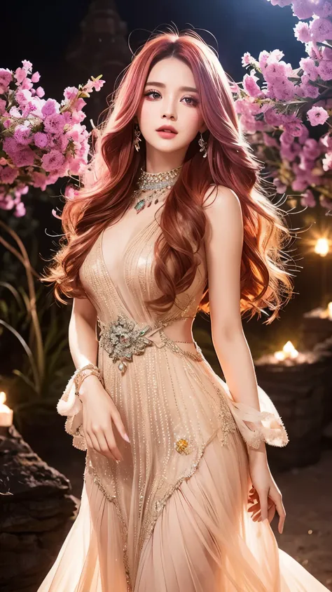 1 Girl,  long hair,  bright hair color ,  Glamorous Eyes ,  Mysterious Expressions , Mature appearance, Charming dress, Flowing Dress , fine jewelry , Fine decoration,  magic symbol , Glowing accessories, potion, reel, Lovely Accent, bow, Ribbon, Flowers,