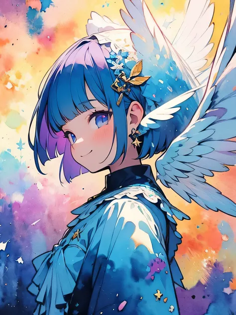 (sideview),solo,upperbody,(blue purple color pixie cut),blunt bangs,smile,White veil, white frilly cute dress, with angel wings,like a painting, watercolor painting style,smile, The Art of Mathematics, Official Art, Masterpiece, beautiful, ((watercolor)), ...