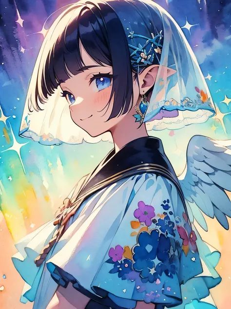 (sideview),solo,upperbody,(blue purple color pixie cut),blunt bangs,smile,White veil, white frilly cute dress, with angel wings,like a painting, watercolor painting style,smile, The Art of Mathematics, Official Art, Masterpiece, beautiful, ((watercolor)), ...