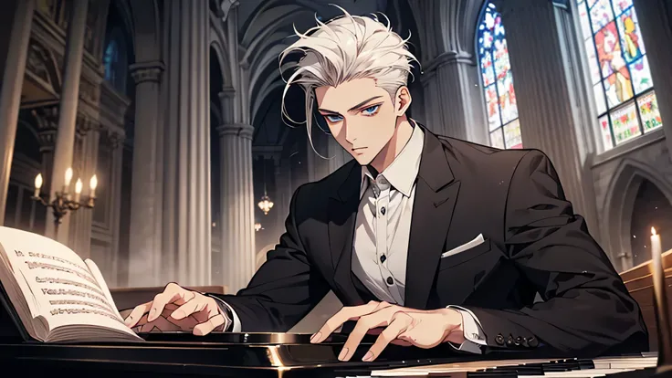 male，Tall, Muscle,Realistic anime book style，Whitish, man 25 years old，Elegant and handsome white hair ((Quiff Hairstyles ))and blue eyes，Wear a black suit and white shirt ，playing piano，in the  church background.