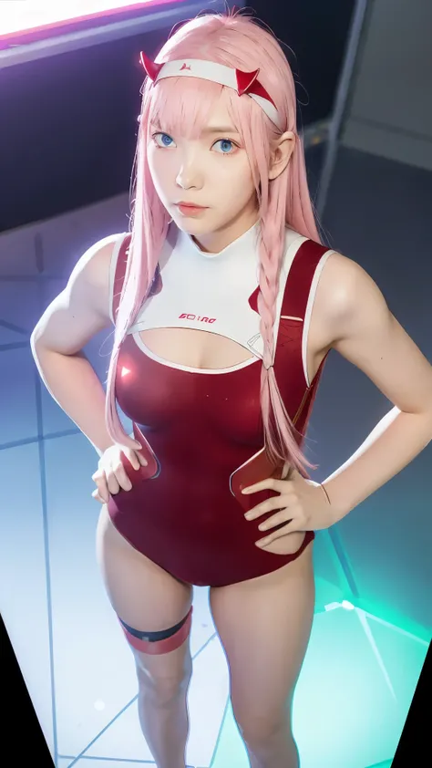 (Overhead view),dynamic angle,ultra-detailed, illustration, straight on, 1girl, ((Zero two, interface headband with a pair of horns, red bodysuit:1.4, pink hair)), Her eyes shone like dreamy stars,(glowing eyes:1.233),(beautiful and detailed eyes:1.1),(exp...