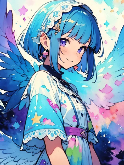 (sideview,looking at viewer),solo,upperbody,(blue purple color pixie cut),blunt bangs,smile,White veil, white frilly cute dress, with angel wings,like a painting, watercolor painting style,smile, The Art of Mathematics, Official Art, Masterpiece, beautiful...