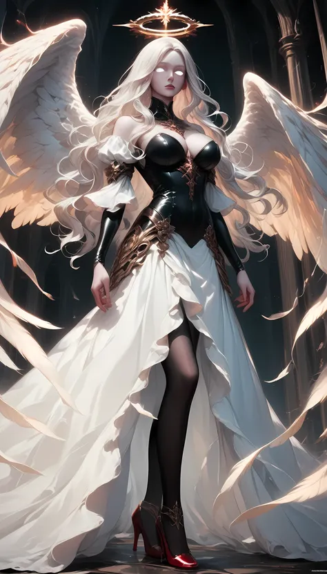 score_9, score_8_up, score_7_up, score_6_up, score_5_up, score_4_up,  a magnificent  female angel, busty long hair, dynamic hair color, long hair, wavy hair, shining blue eyes, ultra detailed face, best detailed face, white wings, wearing intricate elegant...