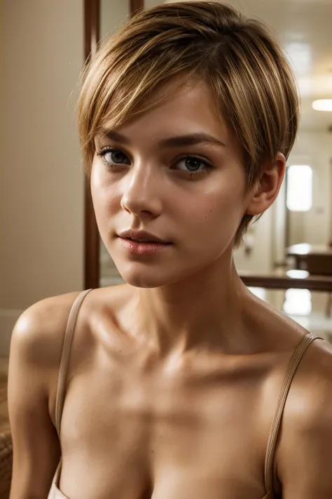 Near front plane of the face, Blonde girl with very light brown eyes intense sexy . Attractive Short Hair .  Bare face with no hair in front of it