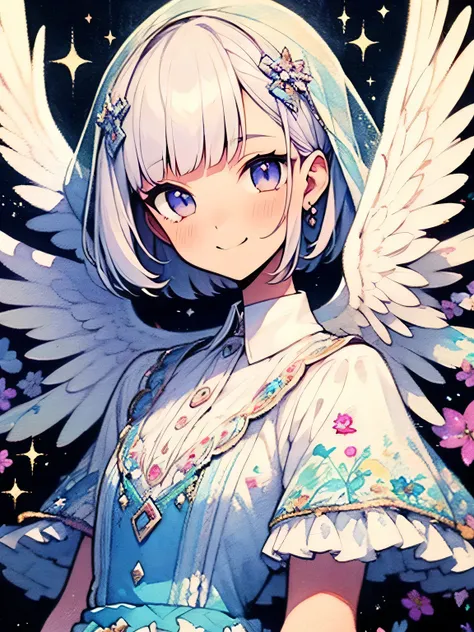 solo,upperbody,(purple color pixie cut),blunt bangs,smile,White veil, white frilly cute dress, with angel wings,like a painting, watercolor painting style,smile, The Art of Mathematics, Official Art, Masterpiece, beautiful, ((watercolor)), paint splashes ,...