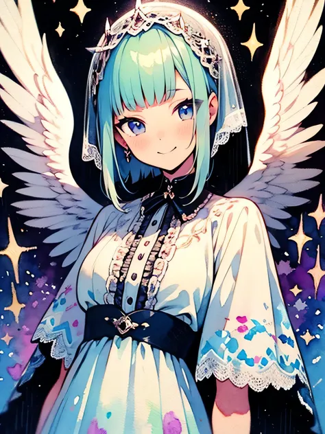 solo,upperbody,(purple color pixie cut),blunt bangs,smile,White veil, white frilly cute dress, with angel wings,like a painting, watercolor painting style,smile, The Art of Mathematics, Official Art, Masterpiece, beautiful, ((watercolor)), paint splashes ,...