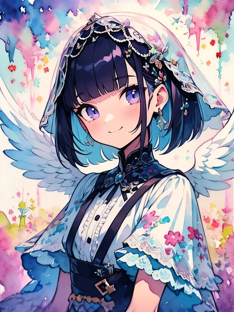 solo,upperbody,(purple color pixie cut),blunt bangs,smile,White veil, white frilly cute dress, with angel wings,like a painting, watercolor painting style,smile, The Art of Mathematics, Official Art, Masterpiece, beautiful, ((watercolor)), paint splashes ,...