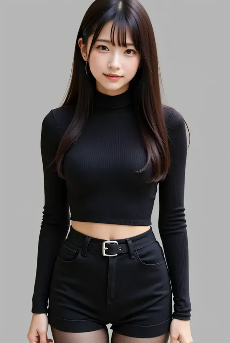 8k,  RAW photos ,  top quality , masterpiece:1.2),( realistic ,  Photorealistic :1.37),  super detailed , She is wearing a black long sleeve turtleneck outfit , No pants, Skirts are prohibited,  transparent black pantyhose ,  Cinematic Writing, ecstasy fac...