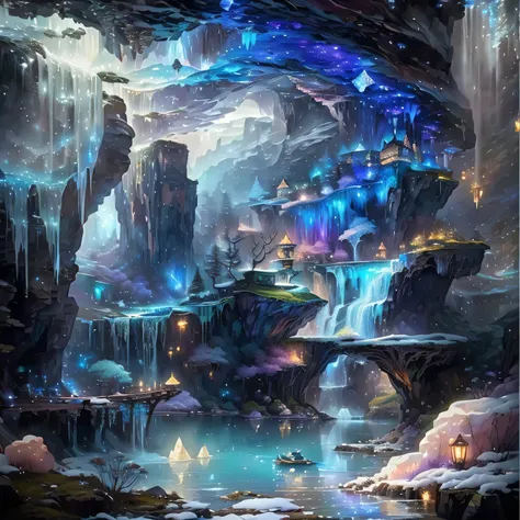 Waterfall painting with small boats ,   magical landscape , Crystal Forest , Magic Background,  Magical Environment , Detailed dreamscape,  magically shining lake , Beautifully detailed fantasy,  magical fantasyの森,  magical fantasy、 very detailed, enchante...