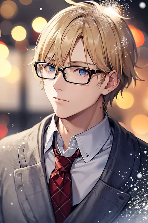 blond guy with glasses against the background of the Christmas tree, its snowing all around