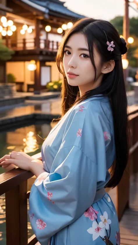 A beautiful illustration of a young woman wearing a traditional Japanese yukata with a delicate cherry blossom pattern. She has long black hair styled in a loose bun with decorative hairpins. The background features a serene Japanese garden with a koi pond...