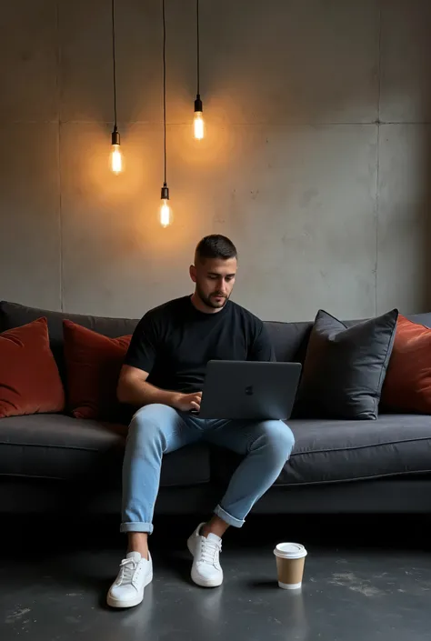 )masterpiece, best quality) modern and moody interior setting featuring a young man buzz short haircut sitting comfortably on a deep gray couch. The man, dressed in a oversized loose vintage black t-shirt and light blue denim jeans, is focused on his MacBo...