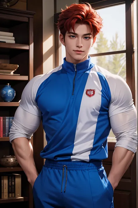  A man with very red hair in a high school blue gym suit that looks like a gym teacher and has very prominent muscles over a blue jersey gym suit, Yellow eyes ,  Slightly tanned, healthy skin color , Man with very red hair posing for a photo ,  Extremely l...