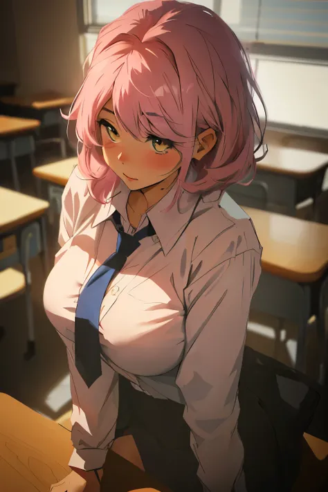 anime girl with pink hair and blue tie sitting in a classroom, best anime 4k konachan wallpaper, seductive anime girl, guweiz, a hyperrealistic schoolgirl, guweiz on pixiv artstation, guweiz on artstation pixiv, hyperrealistic schoolgirl, anime moe artstyl...