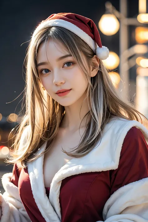 winter, a snowy night sky, a flying sleigh, a girl dressed as Santa Claus riding in a Christmas sleigh, put on Santa hat, two reindeer pulling the sleigh, lots of gift boxes, over the urban area, Tokyo, gorgeous cityscape, city shines with christmas decora...