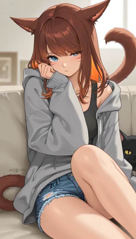 masterpiece,1girl, colored inner hair Brown hair orange hair, cat_ears, gray oversized hoodie,  inner tank top , Hair on one eye, Long hair tips, Miqote, damage short denim