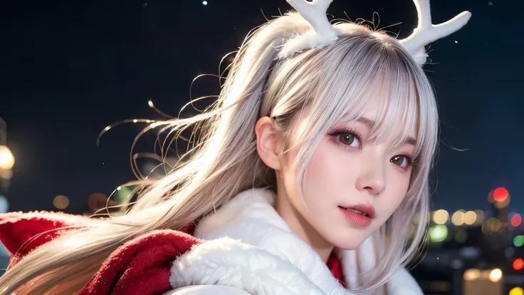 winter, a snowy night sky, a flying sleigh, a girl dressed as Santa Claus, riding in a Christmas sleigh, reindeers pulling the sleigh, lots of gift boxes, flying over the urban area, Tokyo, gorgeous cityscape, city shines with christmas decorations, fidget...