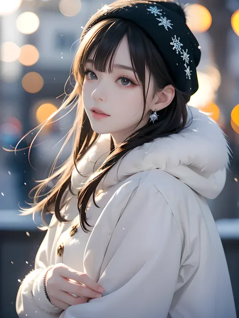 masterpiece, ultra-detailed, best quality, very aesthetic, beautiful eyes, absurdres, 8K, 4K, best quality eyes, streets of europe, streaked hair, black hair, black eyes, decorated christmas tree, white yarn gloves, small_breasts, break,
straight_hair, re...