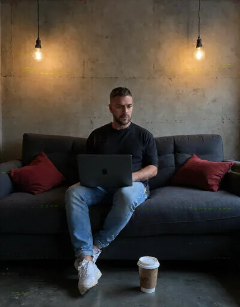 high-resolution photograph of a modern and moody interior setting featuring a man. He has a light skin tone and short hair with a slightly receding hairline. His facial hair is neatly trimmed and he has a short beard and moustache. sitting comfortably on a...