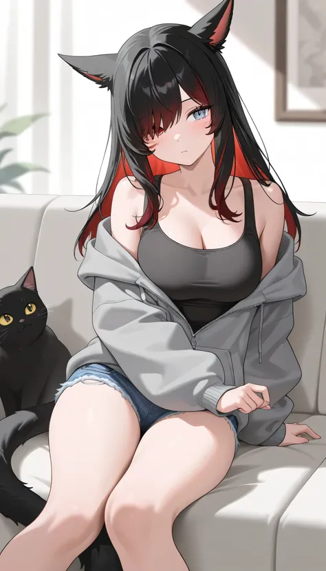 masterpiece,1girl, colored inner hair Black hair red hair, cat_ears, gray oversized hoodie,  inner tank top , Hair on one eye, Long hair tips, Miqote, damage short denim