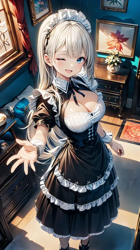 ((exquisite)), ((ultra detailed)), ((best quality)), maid, cute maid, huge breasts, long hair, (((asymmetry bangs))), (((happy smile, one eye closed))), open mouth, ((looking at viewer, from above)), caustics, textule shading, super detailed skin, ((perfec...