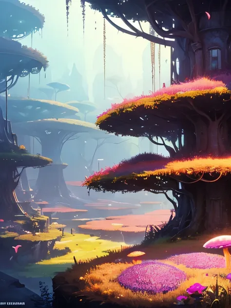 a close up of a painting of a forest with mushrooms, concept art by Mike "Beeple" Winkelmann, trending on cgsociety, fantasy art, mushroom forest, mushroom city, underwater mushroom forest, highly detailed fantasy art, magical environment, slavic city. big...