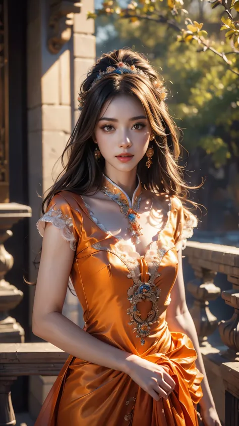 8K, UHD, Masterpiece, extreme quality, 1 girl, good face, detailed eyes, very long hair, detailed lips, small breasts, ((hanfu dress)), ((orange fantasy dress)), ((detailed dress)), ((crystal lace)), flowing sardine, beautiful fantasy, fantasy empress, bea...