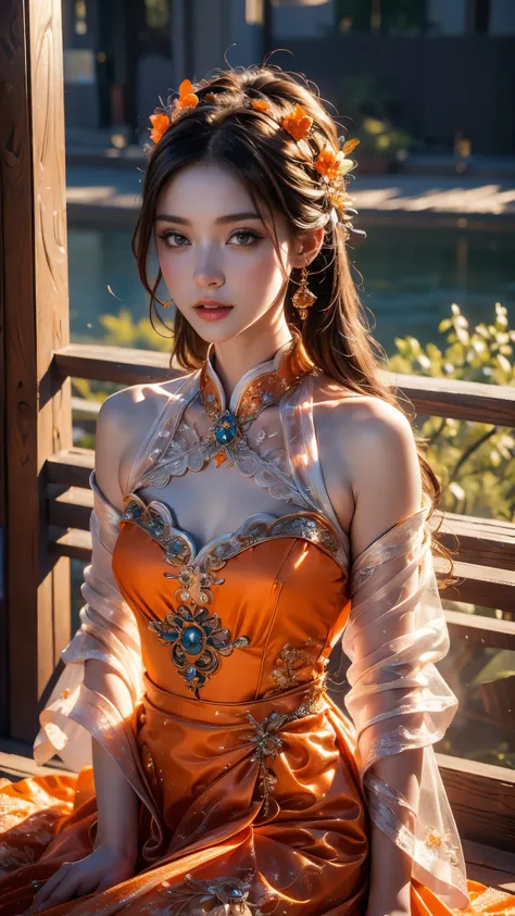 8K, UHD, Masterpiece, extreme quality, 1 girl, good face, detailed eyes, very long hair, detailed lips, small breasts, ((hanfu dress)), ((orange fantasy dress)), ((detailed dress)), ((crystal lace)), flowing sardine, beautiful fantasy, fantasy empress, bea...