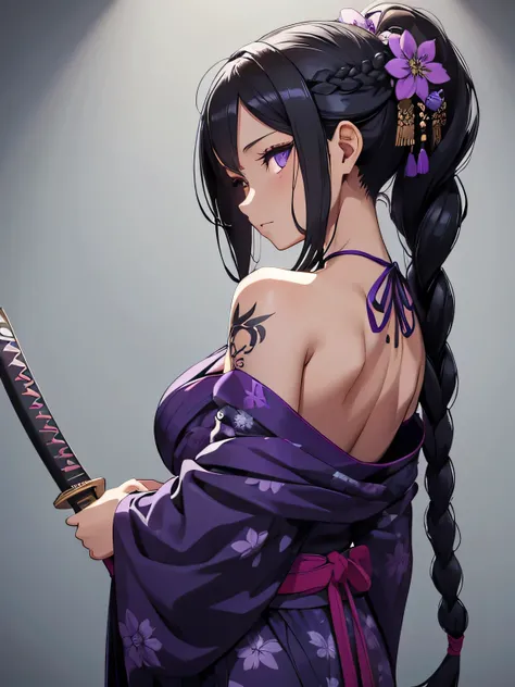 A woman adorned with long, cascading black braids, her olhos cor rosa gleam with an ethereal allure. Her clara pele is soft to the touch, accentuating delicate features that reveal a mystique. She is dressed in a short, cinza Yukata, its fabric whispering ...