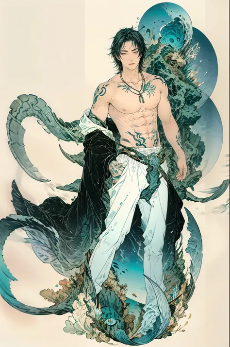  Top quality  ,masterpiece,  Ultra Wide Resolution  ,1個男mermaid，Fish Bone ，大Fish Bone ，((大sea snake))，handsome,topless,merman,sea snake, fishtail ，short hair，Many fish ，mermaid， holding a fish fork，Look at the audience, Yamamoto Takako Style   ,  Religious...