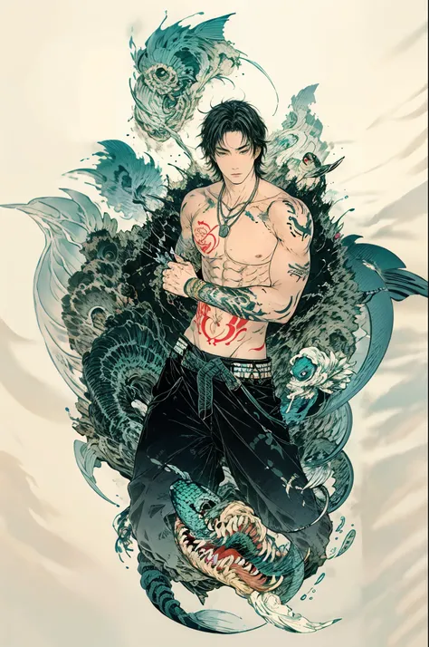  Top quality  ,masterpiece,  Ultra Wide Resolution  ,1個男mermaid，sideways，((大sea snake))，handsome,topless,merman,sea snake, fishtail ，short hair，Many fish ，mermaid，Cold-blooded young man holding a fish fork ，Look at the audience, Yamamoto Takako Style   ,  ...