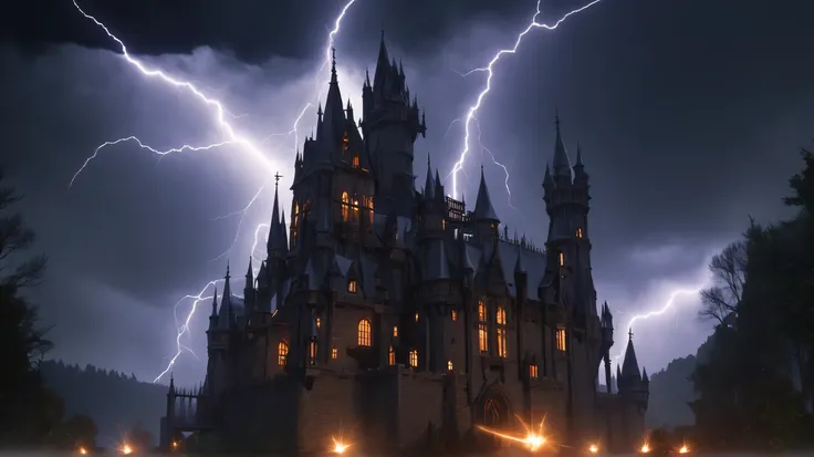 gothic castle,Lightning flashes,van helsing style