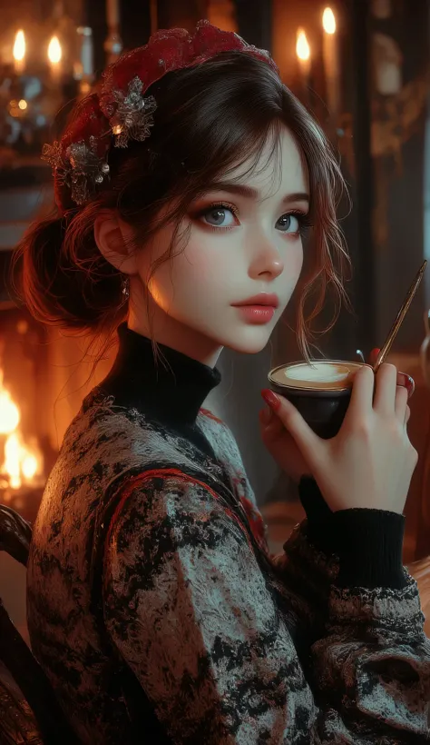 A beautiful woman with beautiful eyes:1.2, detailed eyes, beautiful full lips, highly detailed eyes and faces, long eyelashes, cute expression, smile, sitting:1.4, holding a cup of hot latte, homely background, Christmas sweater, fireplace, warm light, det...