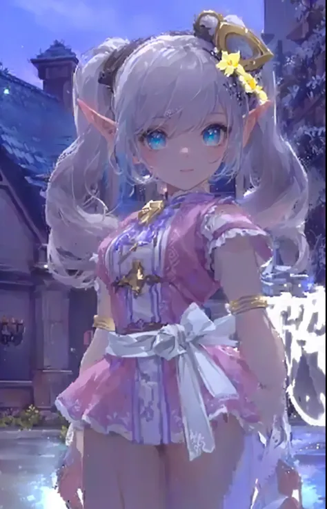 masterpiece:1.2, best quality, a close up of a person in a dress standing in front of a building, lalafell, pink twintail hair and cyan eyes, atelier lulua, alluring elf princess knight, elf girl wearing an flower suit, jrpg character, elf princess, elf gi...