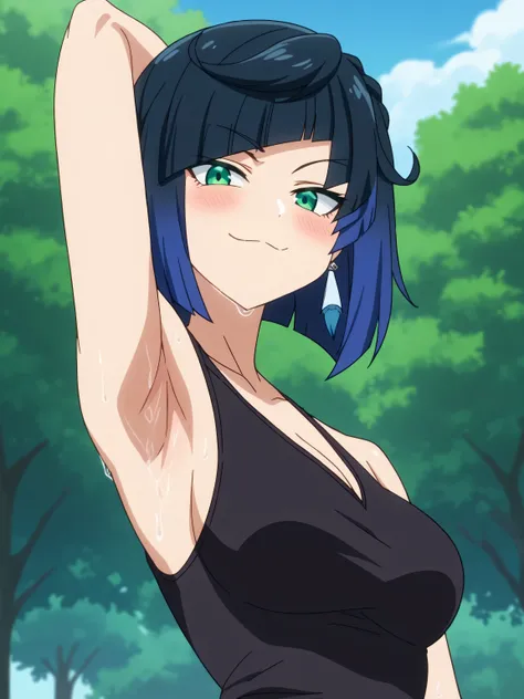 score_9, score_8_up, score_7_up, source_anime, anime screencap, 1girl, solo, yelan, black hair, blue hair, eyebrows hidden by hair, green eyes, multicolored hair, short hair, bare shoulders, bare arms, black tank top, medium breasts, arm behind head, armpi...