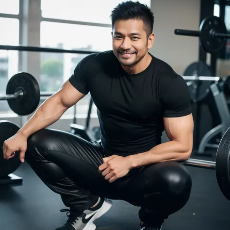 40 years old、One Man、gym、squat、Black Shirt、Black jersey pants、Very short オールバック、Sri Lankan　Stubble、Gay、The crotch of my pants is bulging。smile　View from below