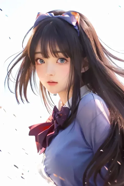 anime girl with long hair and blue eyes wearing a bow tie, anime moe artstyle, iwakura lain, beautiful anime high school girl, cute anime girl, smooth anime cg art, anime visual of a cute girl, (anime girl), realistic anime artstyle, close up iwakura lain,...