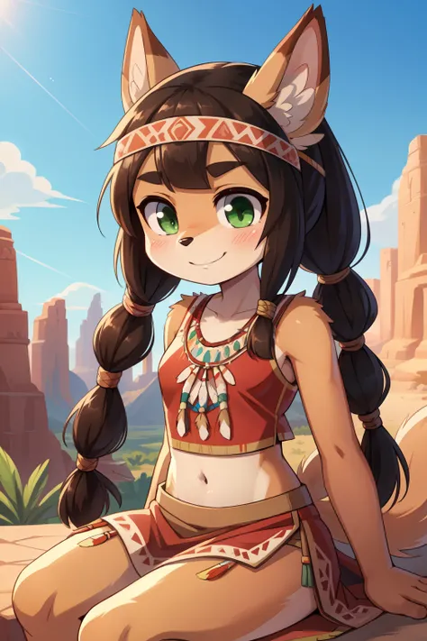 score_9,score_8_up,score_7_up, source_cartoon, source_furry, Furry girl, young, dog, black hair, straight bangs, twin long braid ponytails, green eyes, small breasts, detailed body fur, ((native american Indian clothes, Indian headband with feathers, India...