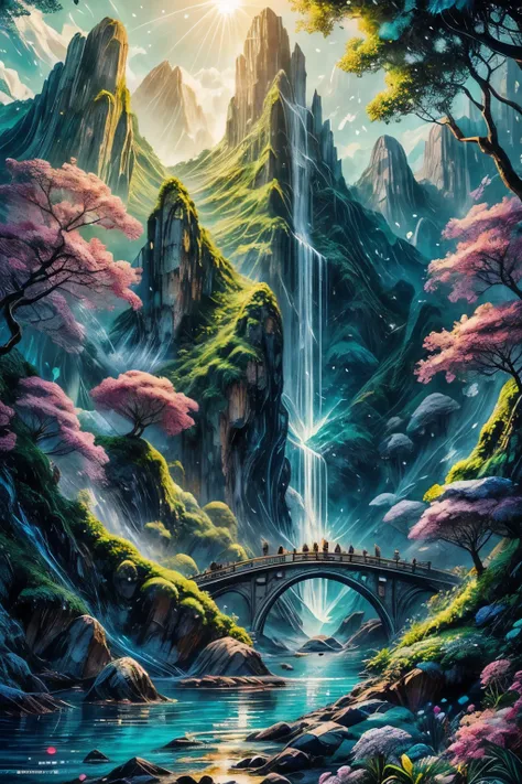 A breathtaking cluster of floating islands drifting high above a sparkling turquoise ocean, each island connected by delicate, glowing bridges of light. Lush greenery spills over the edges, with waterfalls cascading down into the void below. At the center ...