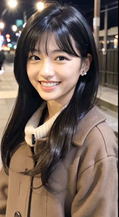 A Japanese milf, photo of one girl, Slender figure, Realistic teeth, double eyelids, smile,  beautiful alignment of teeth、full-body,  black hair、 hairstyle shortcut、 ear piercing、masterpiece, best quality, detailed, beauty, night, Illumination, winter