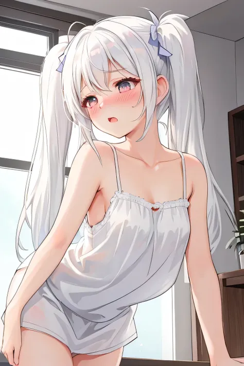 best quality,high resolution,1girl,breast focus,looking up,looking at viewer,from below,half closed eyes,white hair,twintails,embarrassed,small breasts,
camisole,leaning forward,camisole lift,