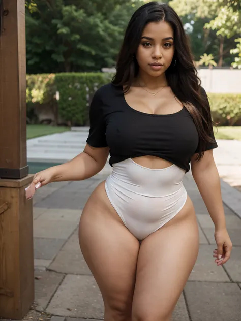 Mixed black ethnicity, curvy girl, long straight hair, Women’s Short Sleeve Bodycon Romper Stretchy Square Neck Sexy Unitard Jumpsuit, sexy pose, outside, wide hips, curvy body